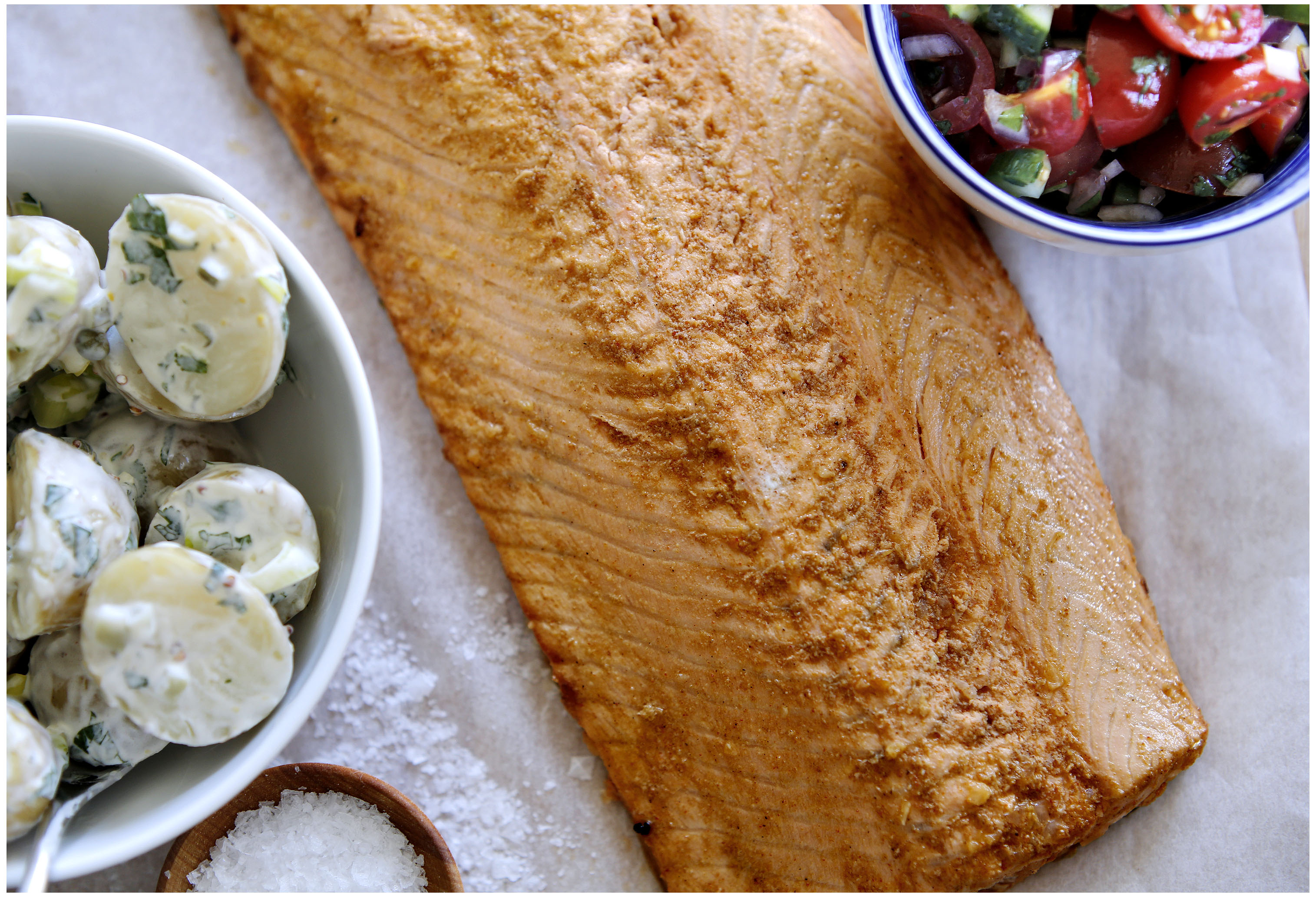 ROAST SPICED SIDE OF SALMON, WARM POTATO SALAD AND CUCUMBER SALSA